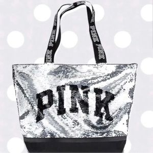 Victoria’s Secret PINK Zippered Bling Tote with Silver and Black Sequins